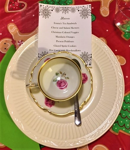 Cocoa Tea Party place setting with vintage tea cup, spoon and menu