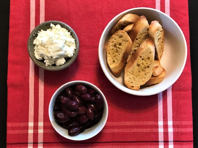 3 ingredients for Goat Cheese and Olive Crostini Appetizers.