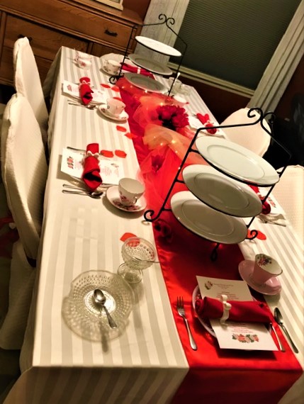 Long view of table setting for Valentine's Tea Party