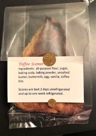 Toffee scones in cellophance bag, sealed and with label of ingredients and shelf life information.