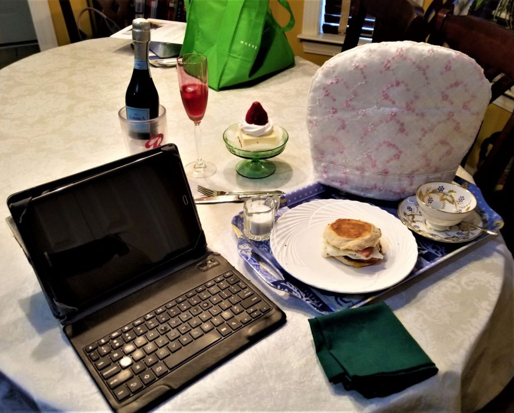 Have A Virtual Mother's Day Tea Party - computer with breakfast