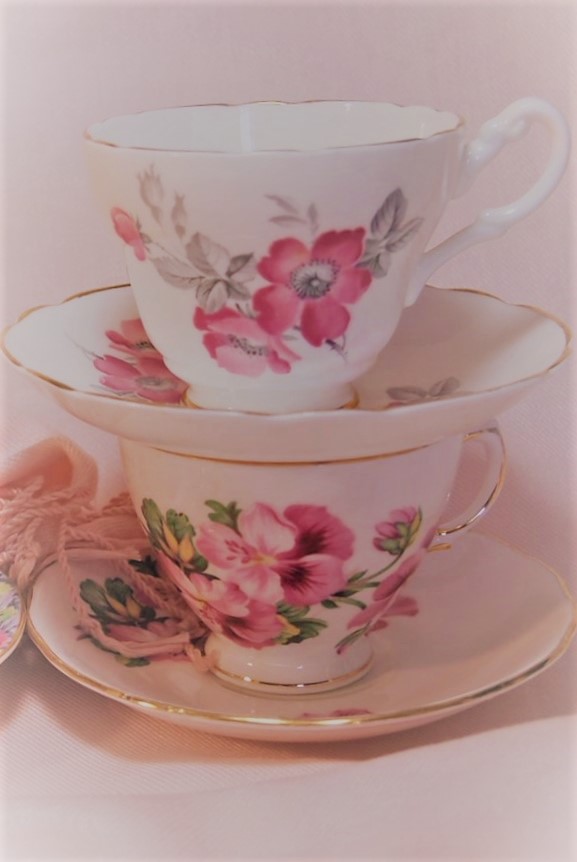 English Staffordshire and Royal Vale Pink Floral Teacups