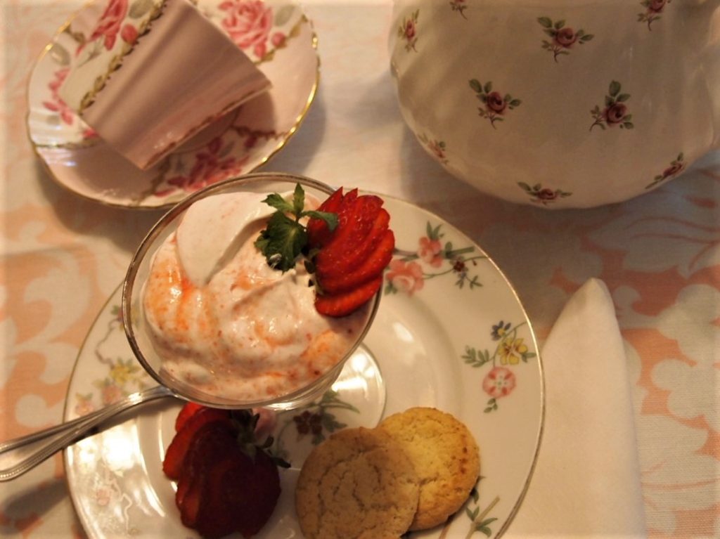 Fresh Strawberry Fool with berries and lemon strawberry cookies.  Ready for tea service. 