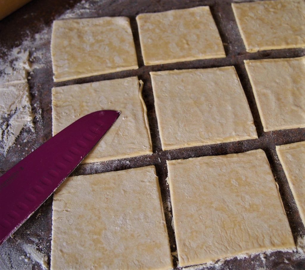 Puff pastry cut into 3 inch squares for small turnovers.