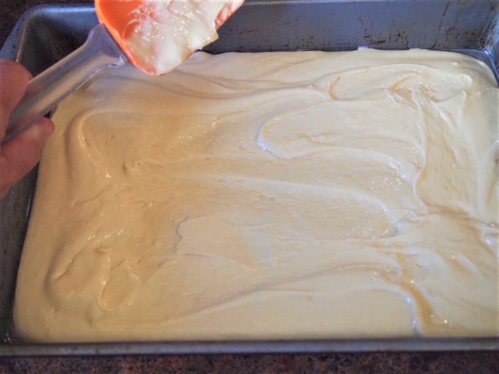 Batter spread in pan for the Cake Mix Coffee Cake