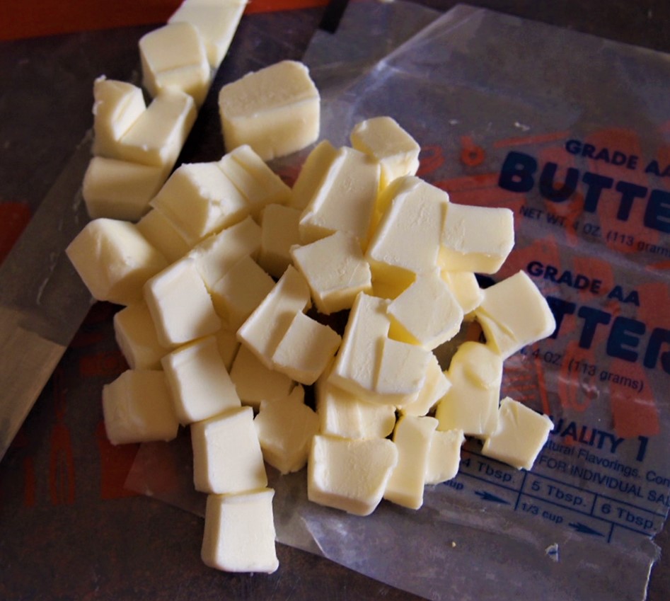 Chilled and cubed unsalted butter to be used in Cranberry Orange Scones