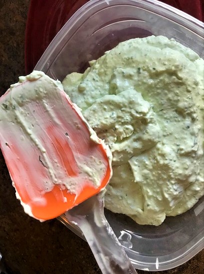 Making Cucumber Finger Sandwiches - cream cheese mixture