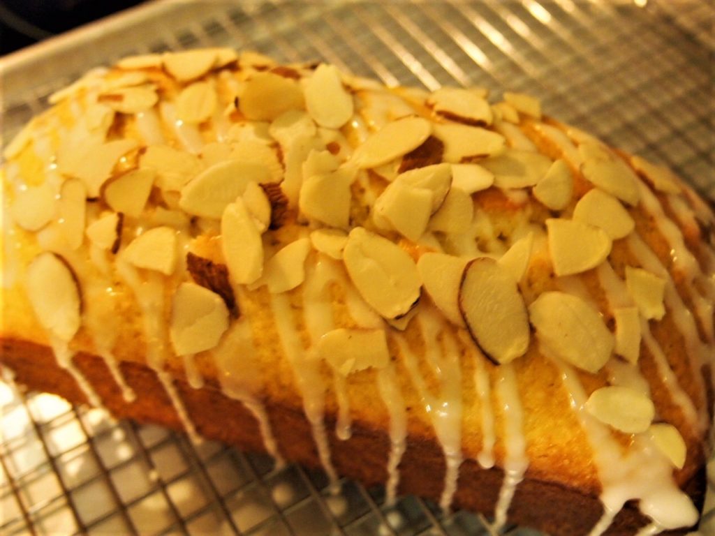 Citrus Almond Quick Loaf - Glaze and Almonds on Loaf